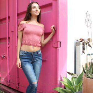 Pink Smocked Off Shoulder Crop Top NEW